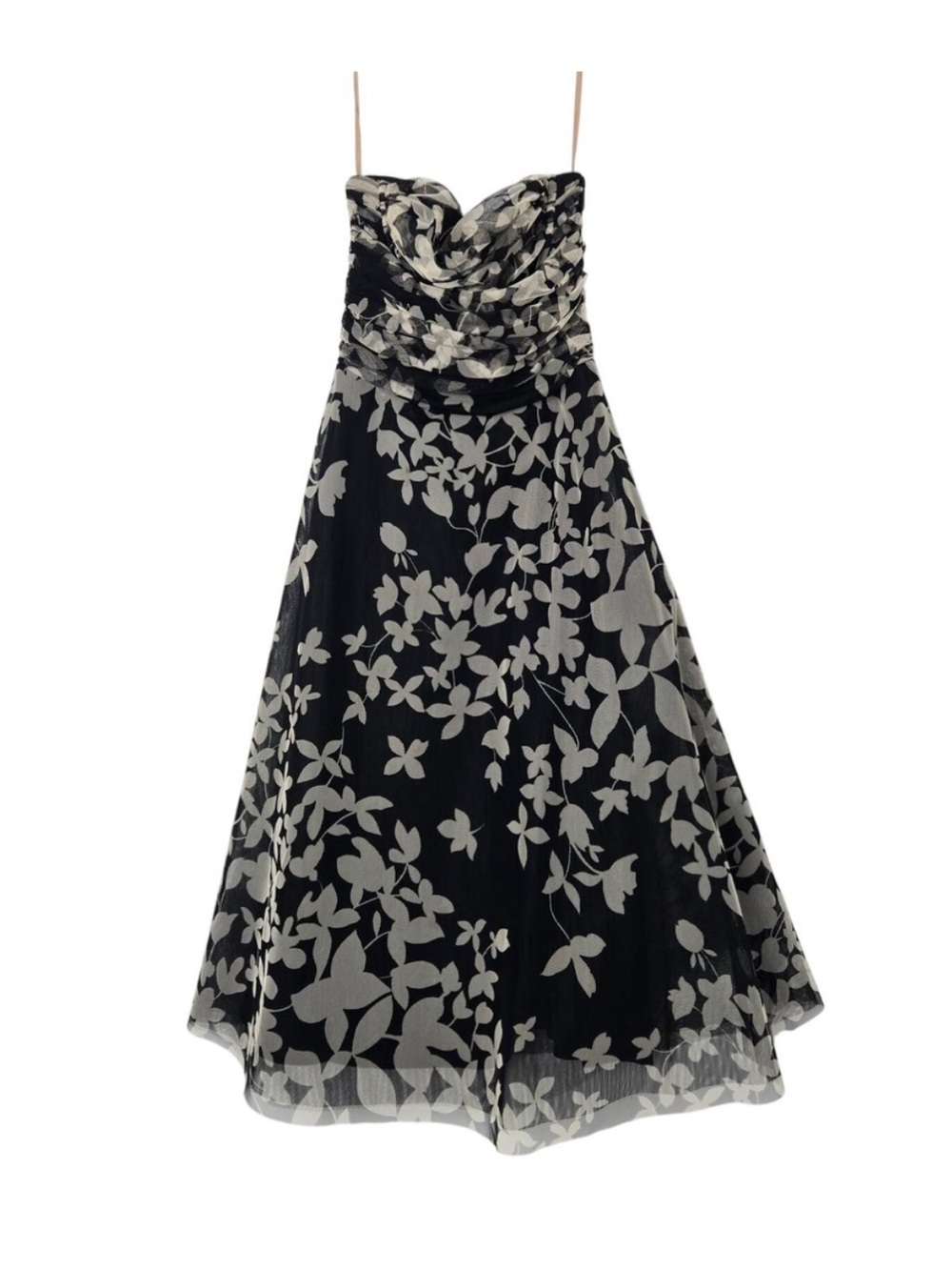 Vtg BCBGMAXAZRIA Black Floral Mesh Strapless Ruched Chic Classy Dress Size 4